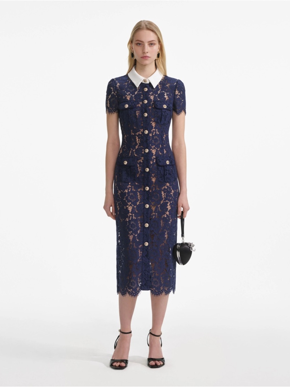 New with tags - Self-Portrait Navy Lace Midi Dress with White Collar US 4 - Picture 7 of 17